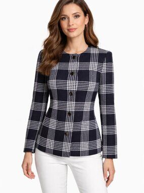 Le Suit Blazer Size 4 Black White Glen Plaid Check 3 Pockets Wool Blend Lined